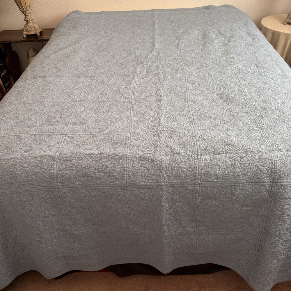C and F Enterprises Blue Quilted Queen Bedspread Floral Cottagecore Coverlet
